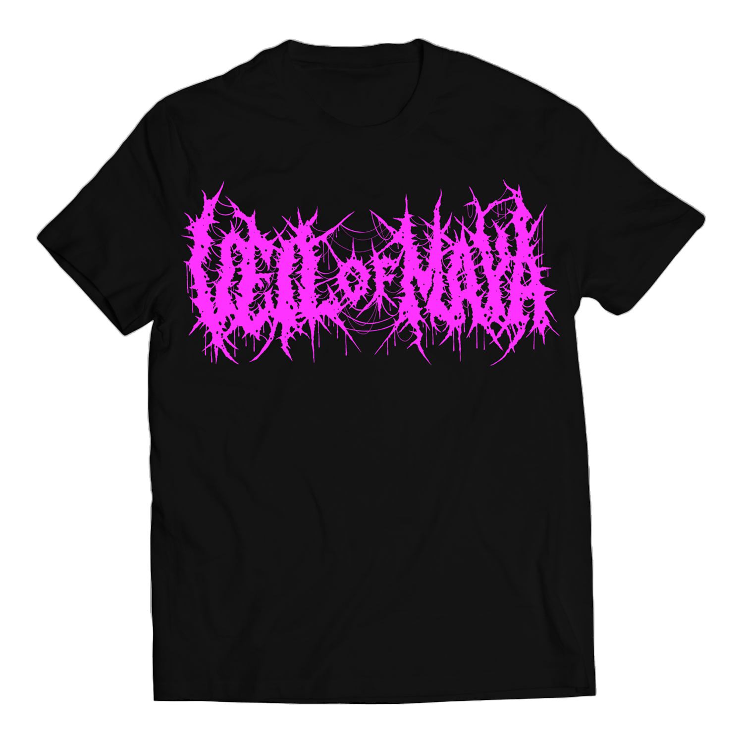 image of a black tee shirt on a transparent background. front of tee has a death metal font print in pink that says veil of maya
