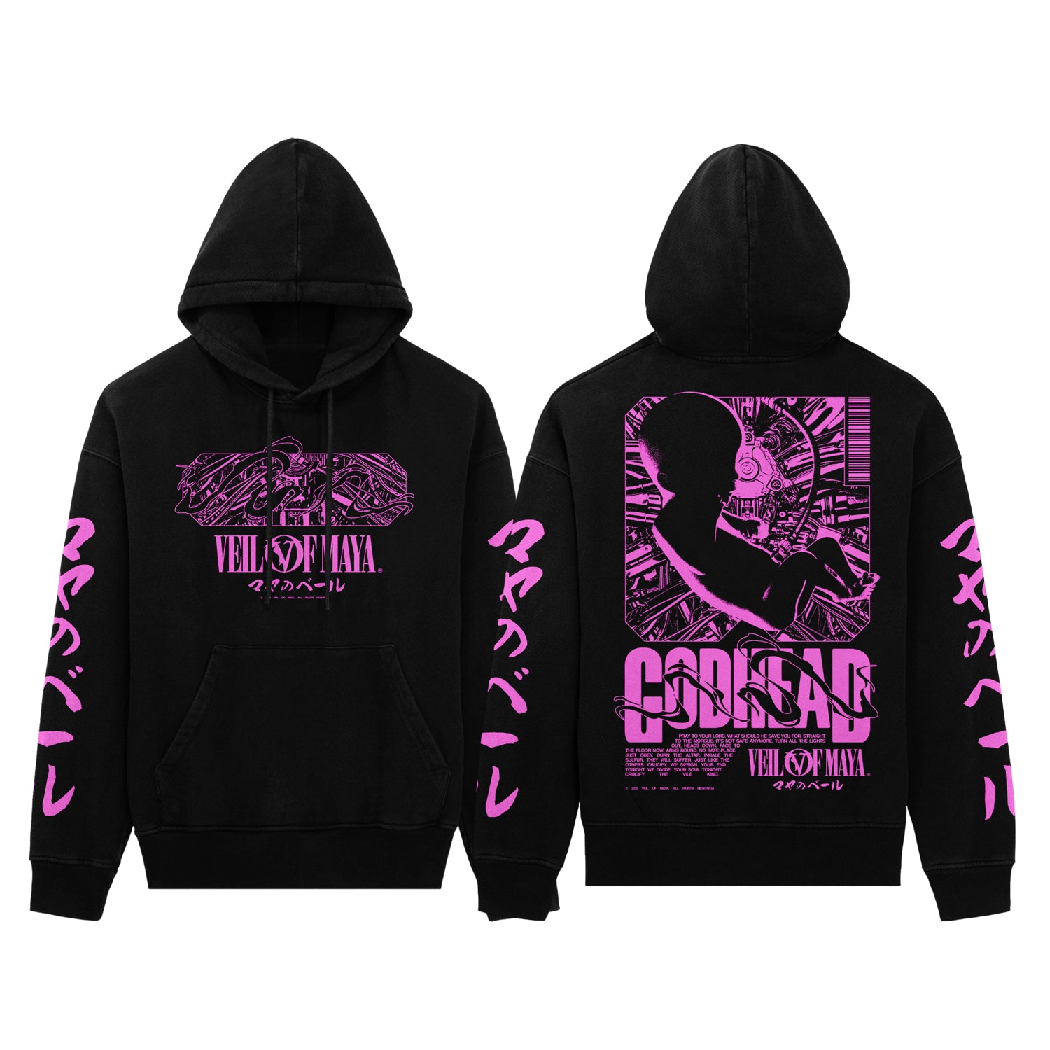 image of the front and back of a black pullover hoodie. front is on the left and has a center chest print in pink of some swirls in a rectangle. below says veil of maya. each sleeve has a print. back of hoodie is on the right and has a full back print in pink of a fetus. below says godhead.