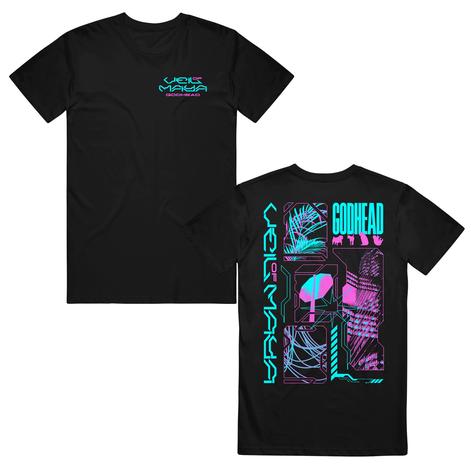 image of the front and back of a black tee shirt on a white bacground. front of tee is on the left and has a small print on the right chest that says veil of maya, vaporware. the back of the tee is on the rght and has a full back print that says veil of maya and godhead with some designs and palm leaves