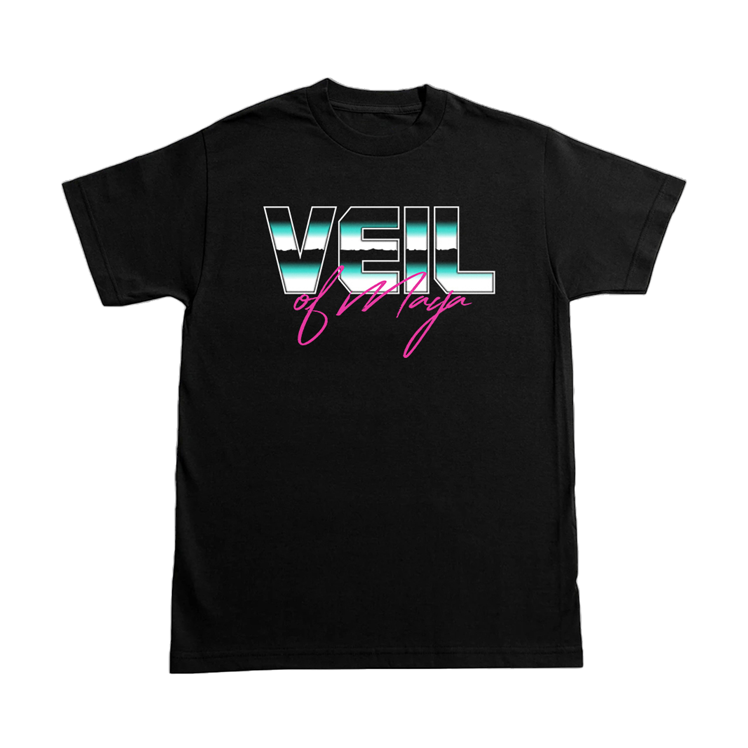 image of a black tee shirt on a transparent background. front of tee has an 80's style print that says veil of maya