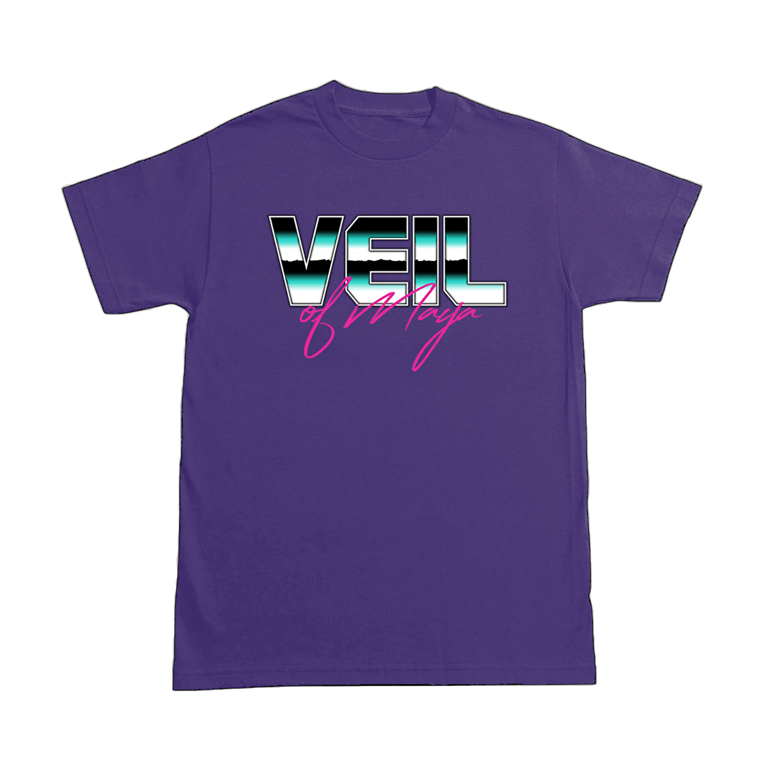 image of a purple tee shirt on a transparent background. front of tee has an 80's style print that says veil of maya