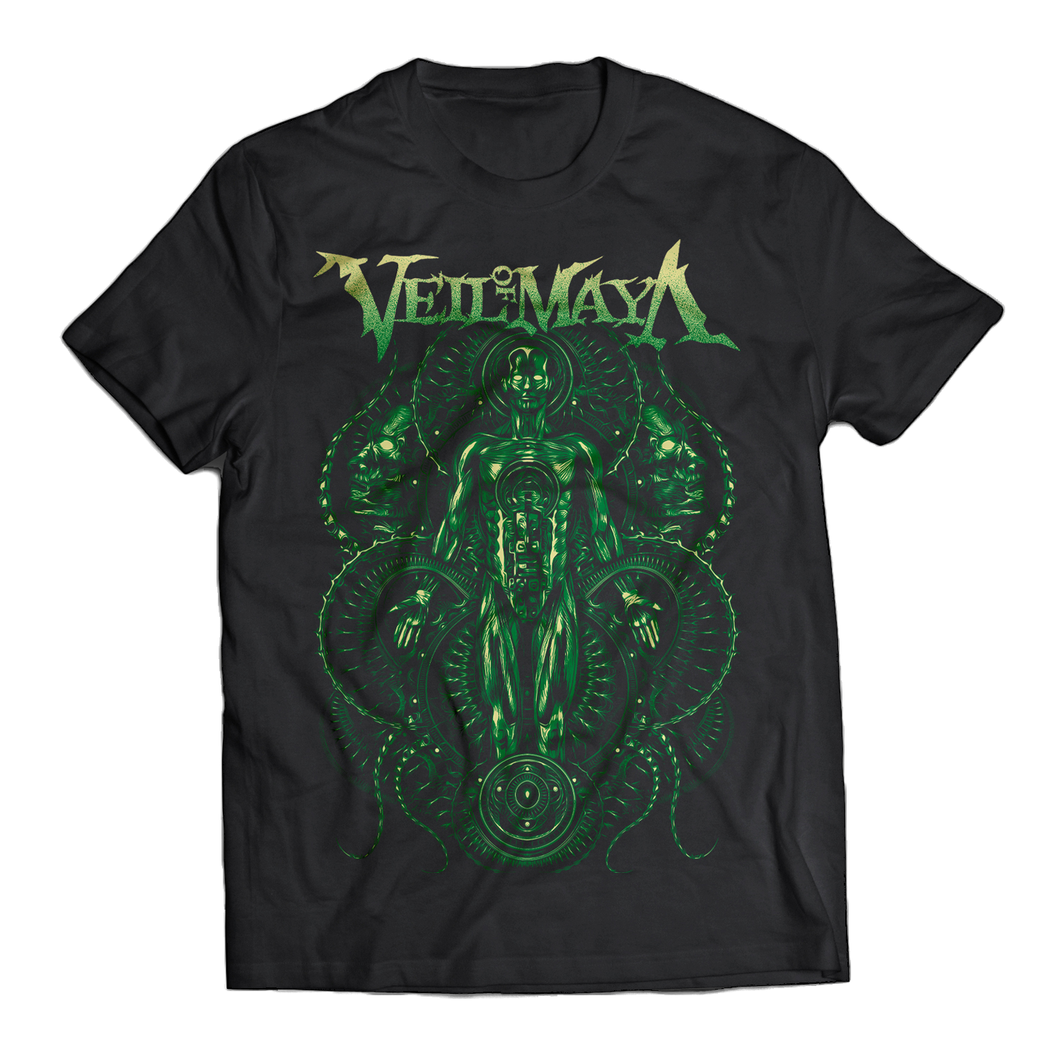 image of a black tee shirt on a transparent background. front of tee has full body print in green of a person with tentacles. across the top says veil of maya