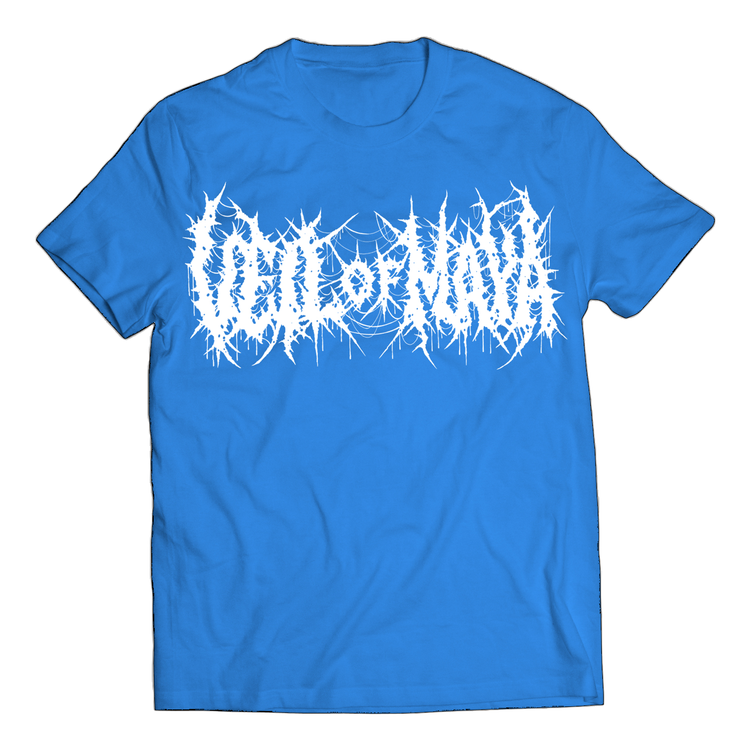 image of a blue tee shirt on a transparent background. front of tee has a death metal font print in white that says veil of maya