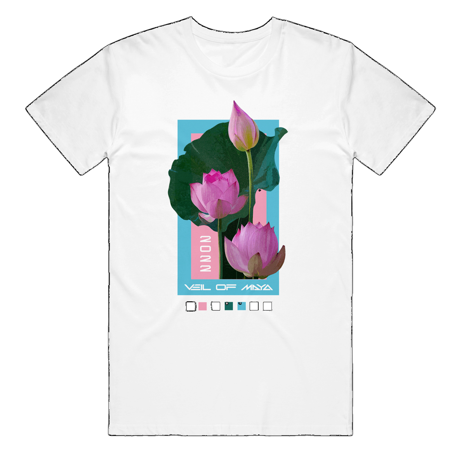 image of a white tee shirt on a transparent background. front of tee has colorful print of three flowers in front of a blue rectangle. across the bottom says veil of maya