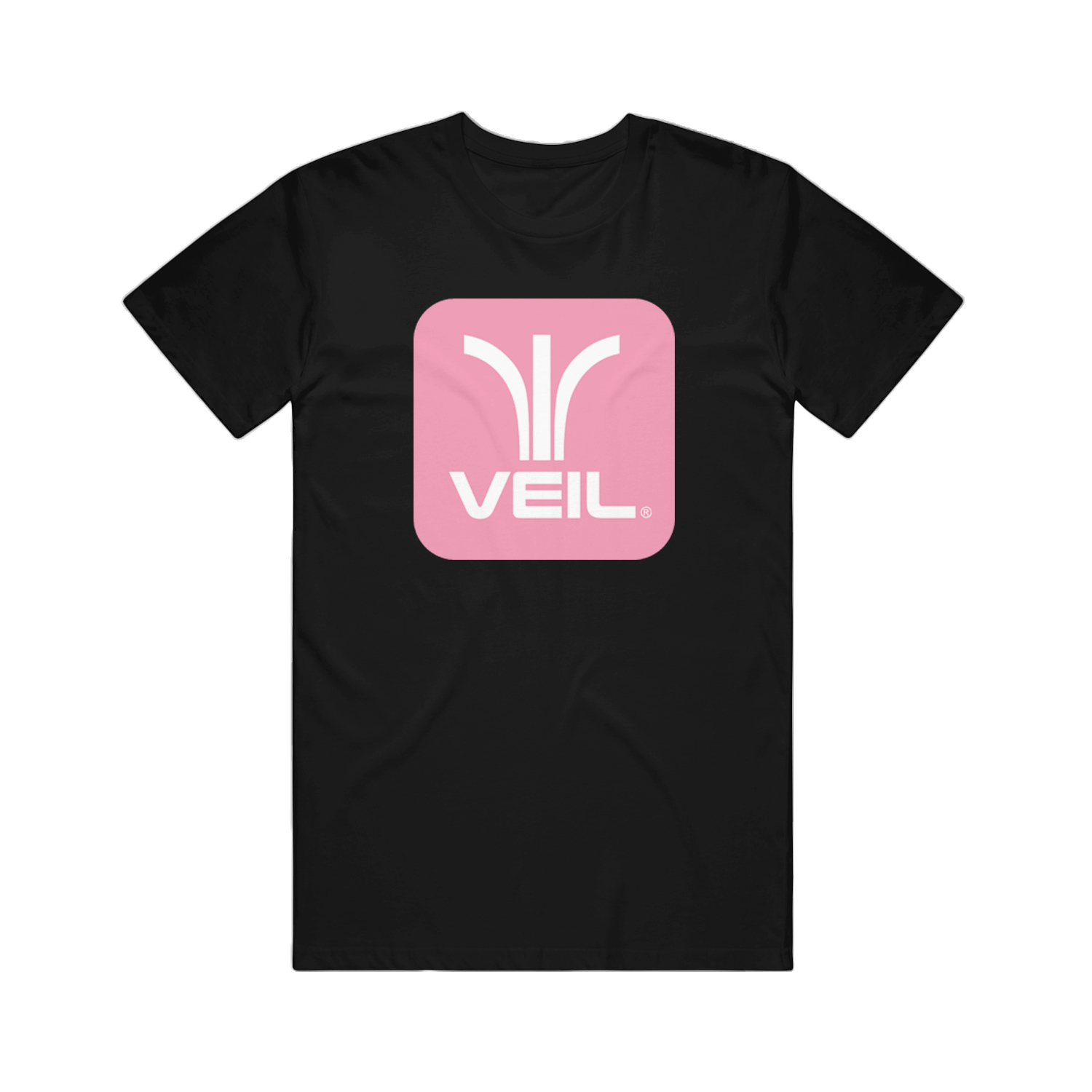 image of a black tee shirt on a transparent background. front of tee has a print in the style of the atari game system logo that says veil 