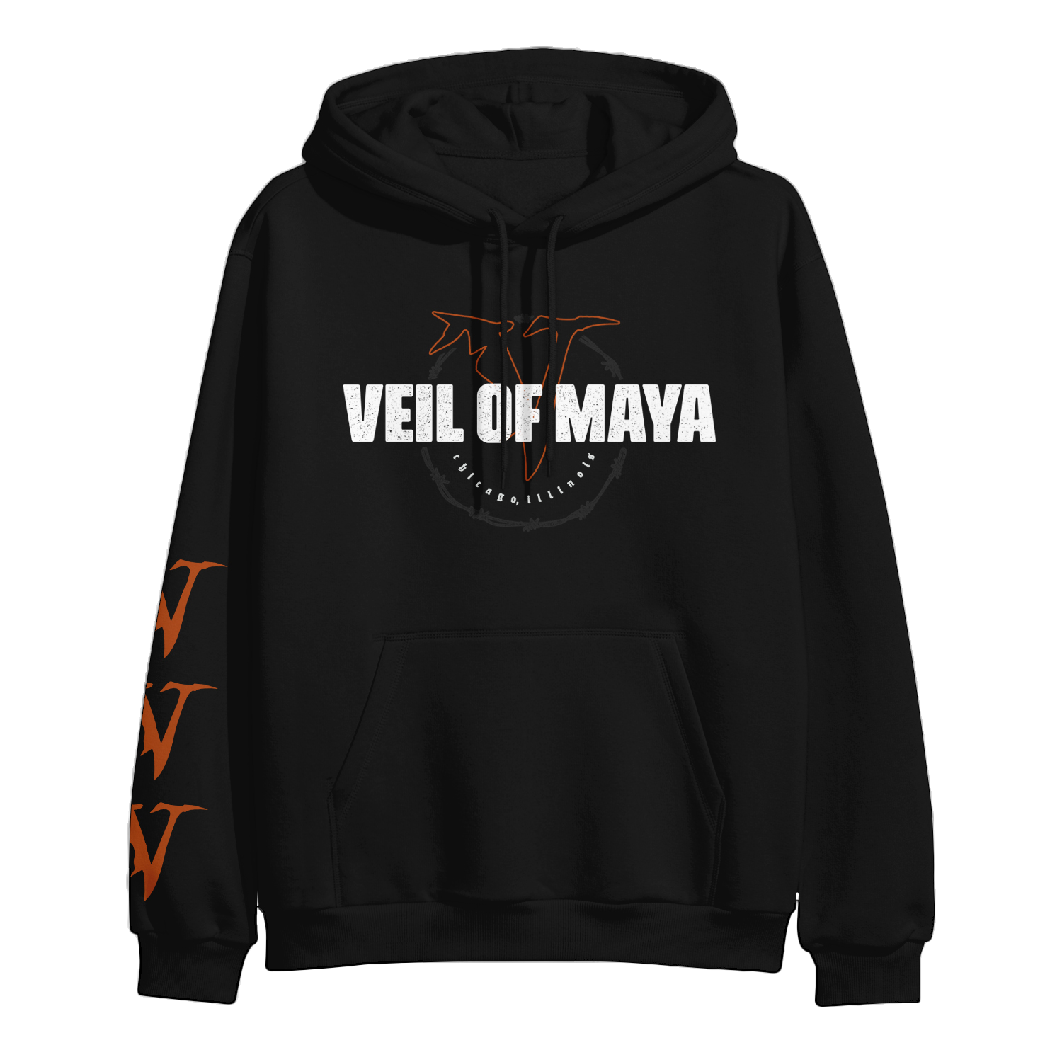 image of a black pullover hooded sweatshirt on a transparent background. across the chest in white says veil of maya. on the left sleeve are three orange  v's