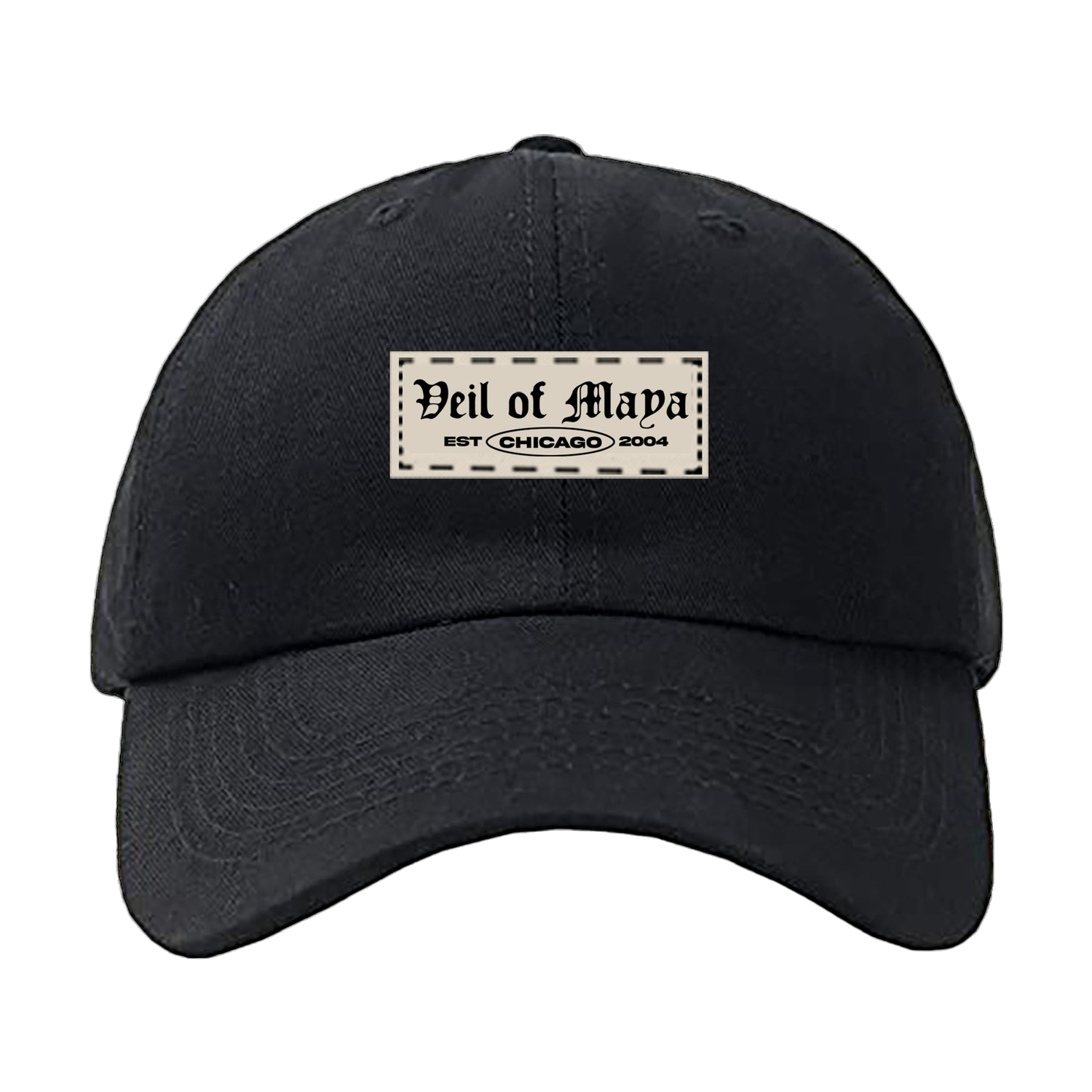 image of a black dad hat on a transparent background. front of hat has a white sewn on rectangle patch that says veil of maya